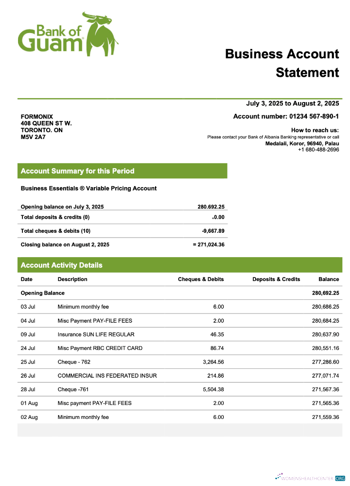 Palau Bank of Guamanian company checking account statement Word and PDF template